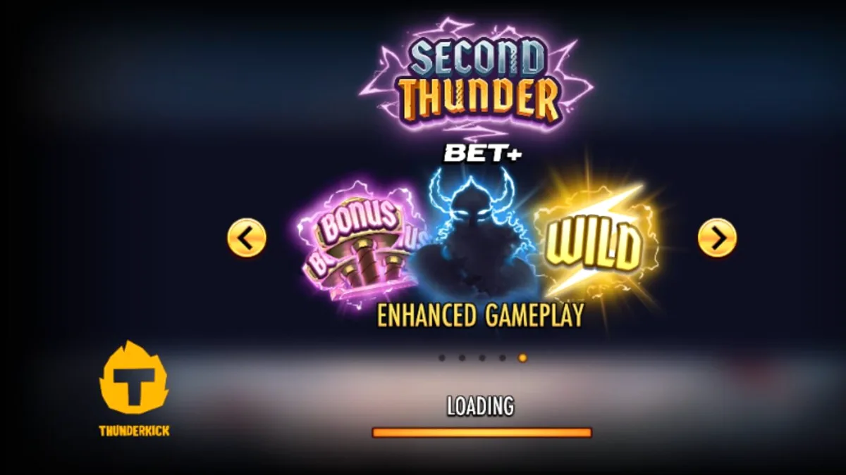 Tampilan visual slot Second Thunder dengan latar belakang pegunungan bersalju dan grid permainan yang menyala.